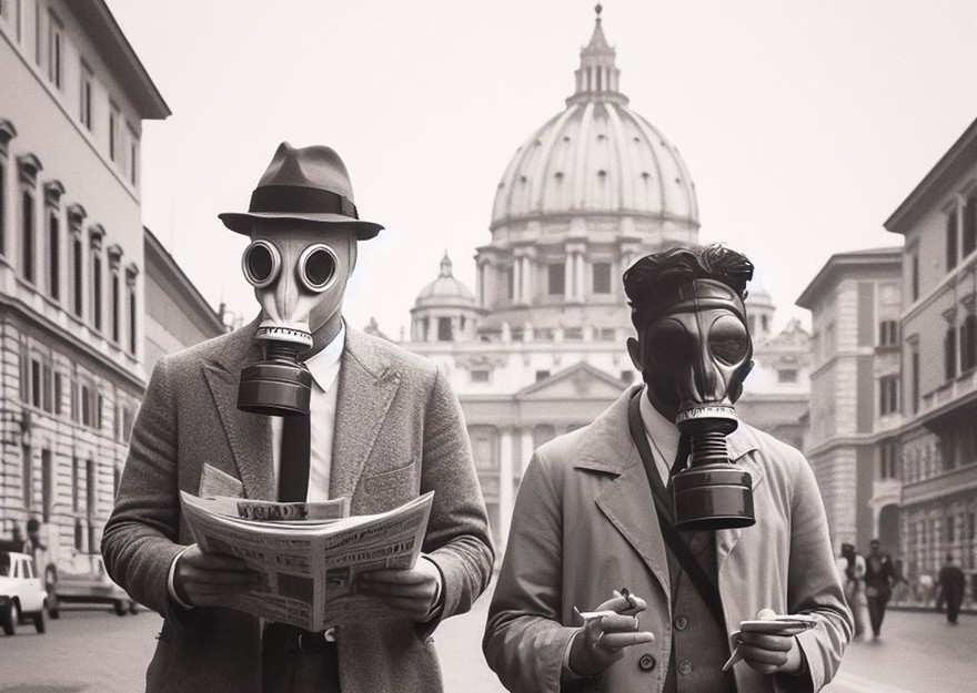 Per strada con la maschera antigas